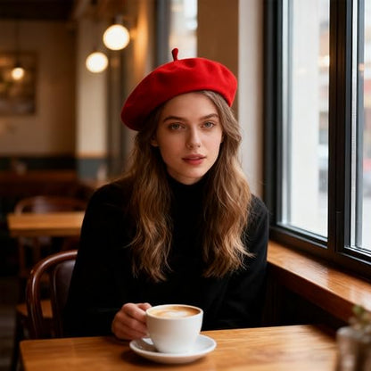 Women Beret Classic French Hat - Elegent Black Wool Beret for Party Romantic French Themed Fancy Dress(Size:S/M) - color: Red