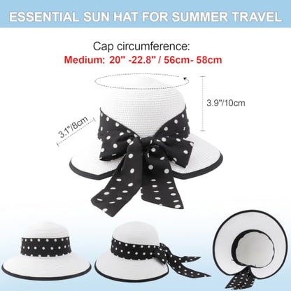 DRESHOW Sun Hats for Women Travel Fedora Foldable Beach Sun Hat Summer Wide Brim Straw Bucket Hat with Bowknot UPF 50+ - color: 1 Pack Bowknot Straw Hat: White (Black Polka Dot Band)