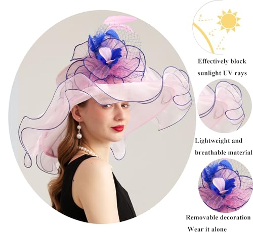 Women Organza Derby Hat Fascinator Tea Party Wedding Church Derby Hat Fascinator Hats Dual-use - color: 02c Light Pink