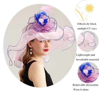 Women Organza Derby Hat Fascinator Tea Party Wedding Church Derby Hat Fascinator Hats Dual-use - color: 02c Light Pink