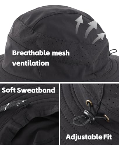 Connectyle UPF 50+ Wide Brim Sun Hat for Men Women UV Protection Bucket Hats Outdoor Breathable Safari Hat for Fishing Hiking - color: Black