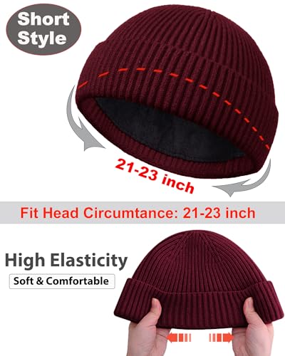 Short Fisherman Beanie for Men Women Wool Fleece Lined Winter Hat - color: 1pcs-wine Red
