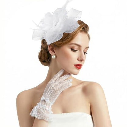 Fascinators Hats with Lace Gloves for Women Headband for Tea Party Wedding - color: White