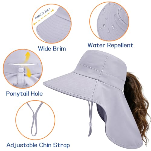 Ruqizhi Sun Hats for Women with Neck Flap Ponytail Hole Women Sun Hats Rollable UV Protection Fishing Hats Wide Brim UPF 50+ - color: Gray