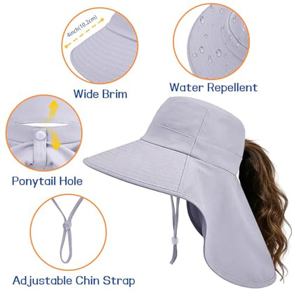 Ruqizhi Sun Hats for Women with Neck Flap Ponytail Hole Women Sun Hats Rollable UV Protection Fishing Hats Wide Brim UPF 50+ - color: Gray