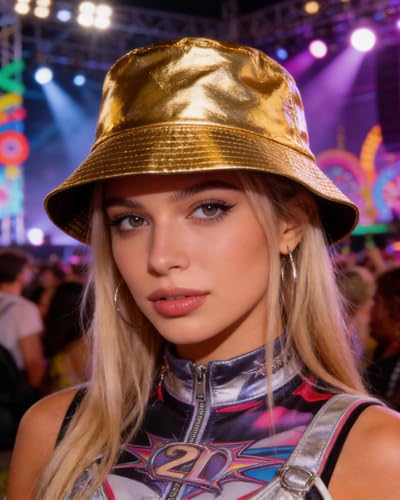 BOLLEY JOSS Unisex Holographic Bucket Hat Reversible Double-Side-Wear Bucket Hat Waterproof Outdoor Travel Sunhat Punk Hats - color: Gold-pu, size: Medium