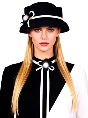 HIMESPORT Women's Wool Felt Fedoras Hat - Elegant Cloche Hats for Wedding,Formal Church,Cocktail,Tea Party with Flower - color: Black