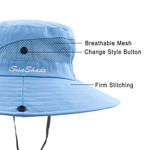 Muryobao Women's Ponytail Sun Hat UV Protection Foldable Mesh Wide Brim Beach Fishing Hat - color: Pure Sky Blue