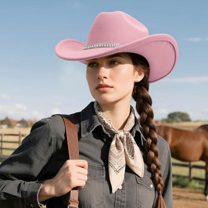 DRESHOW Western Cowboy Hat for Women and Men Wide Brim Glitter Cowboy Cowgirl Hat with Rhinestone Felt Fedora Hats - color: 1 Pack Style 10: Light Pink