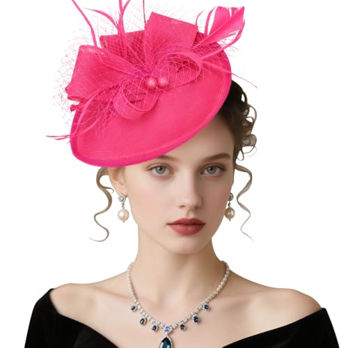 DRESHOW Fascinators Hats for Women Tea Party Hat Vintage Derby Pillbox Kentucky Hat Church Cocktail Headwear - color: 9.5" Diameter / Dark Pink
