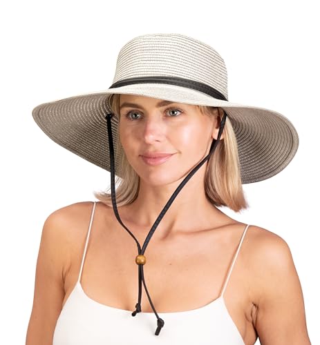 Sloggers Women's Wide Brim Braided Sun Hat with Wind Lanyard - UPF 50+ Maximum Sun Protection - color: Gray