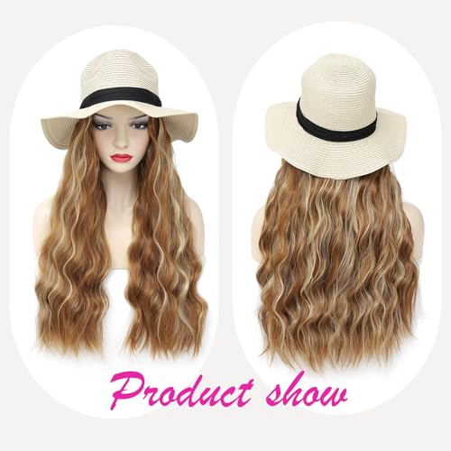 Hat Wig Panama Hat with Mix Golden Blonde Long Wave Hair Attached for Women Beige Color Wide Brim Straw Beach Sun Hat Wig - color: M-Mgolden blonde