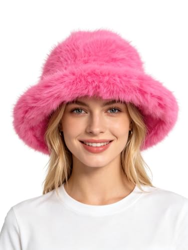 Lina & Lily Oversized Winter Faux Fur Bucket Hat for Women - Long Pile Fur Wide Moldable Brim - color: Hot Pink
