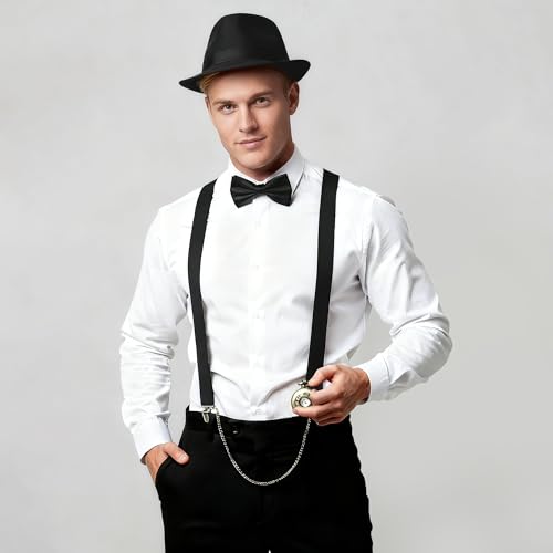 BABEYOND 1920s Mens Gatsby Gangster Accessories Set Panama Hat Suspender Bow Tie - color: Black Set