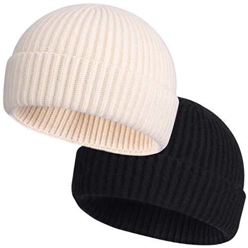 ROYBENS Wool Fisherman Beanies for Men Knit Short Watch Cap Winter Warm Hat - color: 2pcs Black+ Beige
