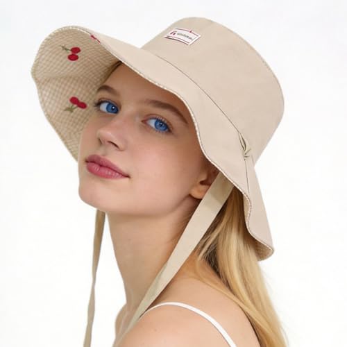 Women's Reversible Bucket Sun Hat with Cherries Embroidered Pattern, UPF 50+ UV Protection, Water Resistant for Beach Hiking - color: Light Khaki