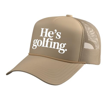 He's Golfing Trucker Hat with Adjustable Mesh Back - color: Khaki