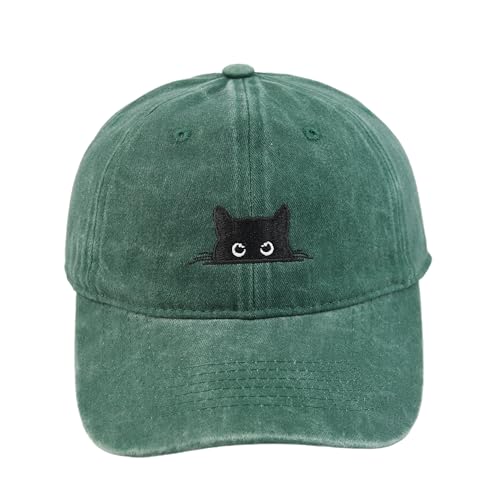 Peeking Black Cat Embroidered Washed Baseball Cap, Adjustable Vintage Dad Hat for Cat Lovers Unisex - color: Green