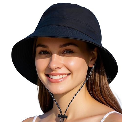 Bucket Rain Hat with Chin Strap Quick Dry Outdoor Bucket Hats for UV Protection Boonie Sun Hat Men Women - color: Black