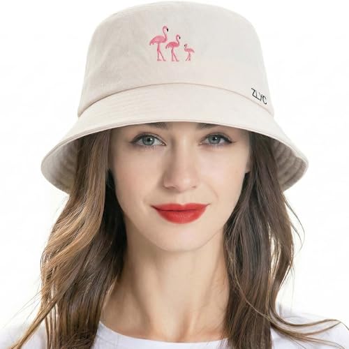 ZLYC Cotton Bucket Hat for Women Men Embroidered Packable Summer Sun Cap - color: Beige Flamingo