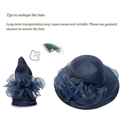 Women Kentucky Organza Derby Hat - Wide Brim Summer Sun Hat for Bridal Wedding Church Tea Party - color: Blue