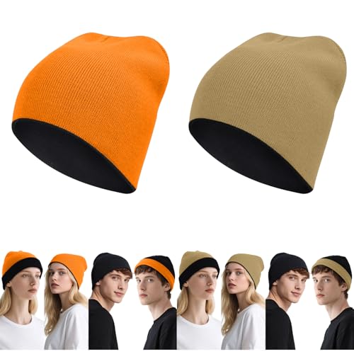 ZOORON Reversible Skull Caps for Men Women Reversible Beanie with -Double Side Warm Winter Fisherman Beanie - color: A-2pack-black/Orange+black/Beige