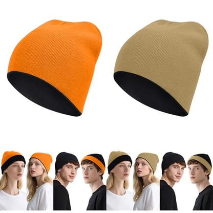 ZOORON Reversible Skull Caps for Men Women Reversible Beanie with -Double Side Warm Winter Fisherman Beanie - color: A-2pack-black/Orange+black/Beige