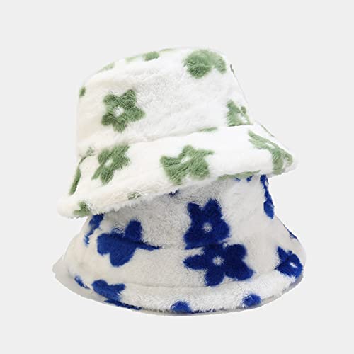 Dirholl Women's Winter Faux Fur Fuzzy Warm Bucket Hat - color: Green Flower
