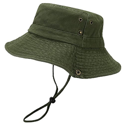 Unisex Cotton Boonie Hat Summer Fishing Bucket Hat Sun Hat with String - color: Solid Army Green
