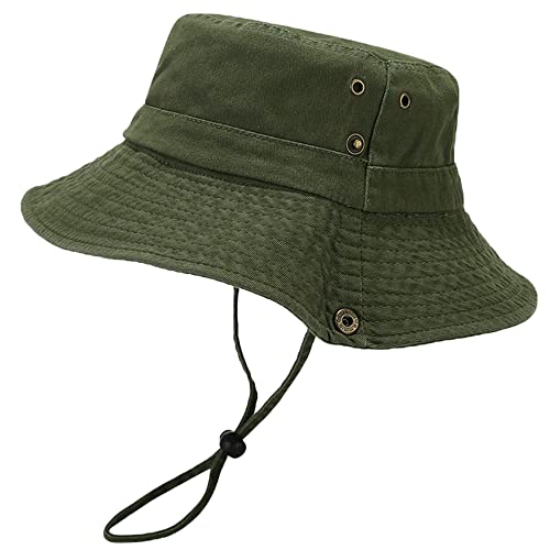 Unisex Cotton Boonie Hat Summer Fishing Bucket Hat Sun Hat with String - color: Solid Army Green