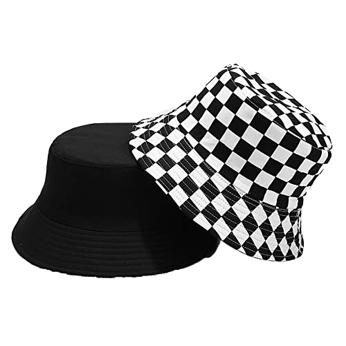 Cotton Checkered Bucket Hat Summer Fashion Fisherman Beach Sun Hats for Women and Men - color: Black