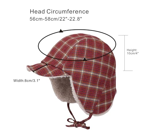 Reversible Winter Hat with Ear Flaps for Men Women Adult,Ladies Plaid Hat,Lamb Wool Lining Beanie Not for Kids - color: Plaid Red