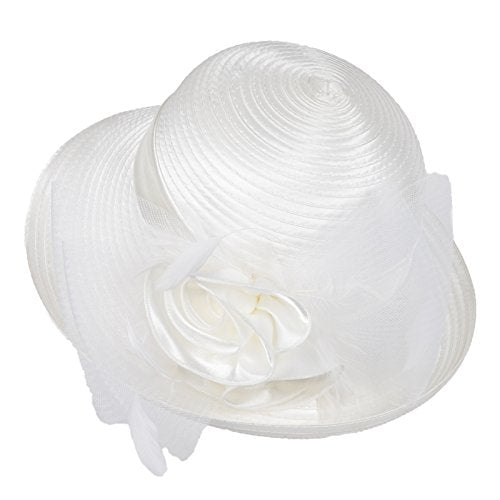 Women Vintage Roll Brim Bowler Cloche Hat for Derby Day, Church, Wedding, Party, Formal Occasion - color: Off-white