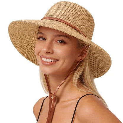 Beach Hat for Women, Wide Brim Sun Straw, UPF 50+ Foldable Floppy Sun Hat - color: B-10.5cm,khaki