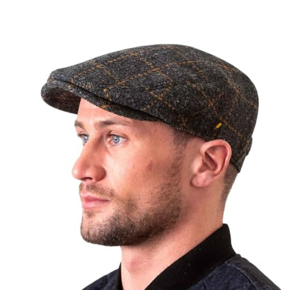 Hatman of Ireland Authentic Tweed Flat Cap 100% Irish Wool Handmade Ireland Men Casquette Navy Green Charcoal - color: Charcoal Check, size: Large