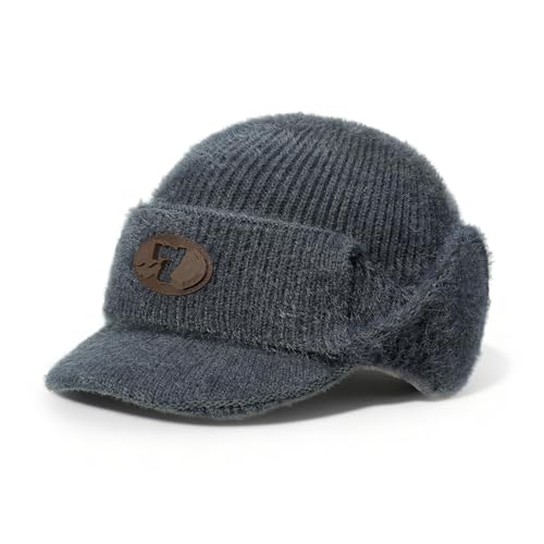CLAPE Cozy Head Beanies with Brim, Small Billed Beanie for Cold Weather Mens Winter Warm Knit Hat with Ear Flaps - color: Kh25d18-gray