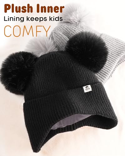 FURTALK Baby Winter Hat Pom Pom Beanie with Fleece Lined Toddler Warm Cap - color: Black+gray, size: 0-6 Months