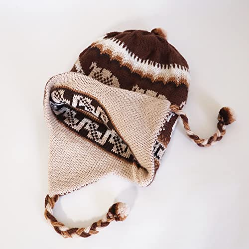Alpaca Wool Blend Winter Hat Chullo Inca Peruvian Design Reversible with Earflaps. Beanie Medium Size. Unisex - color: Brown/Beige