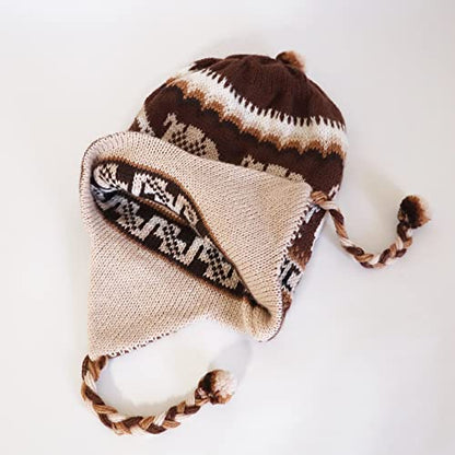 Alpaca Wool Blend Winter Hat Chullo Inca Peruvian Design Reversible with Earflaps. Beanie Medium Size. Unisex - color: Brown/Beige