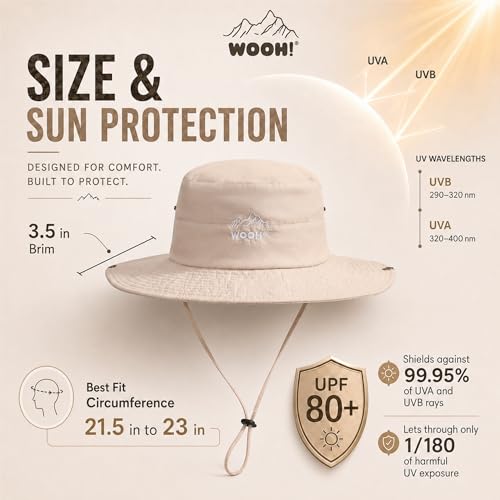 WOOH Sun Hats for Women,UPF80+ Wide Brim Foldable Bucket Hat with Adjustable Chin Strap,Summer Hat for Beach Hiking Gardening - color: Beige