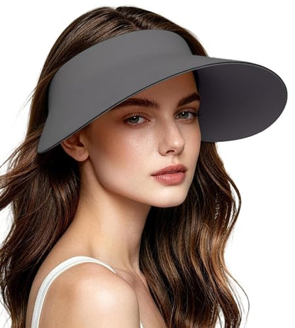 Women's Seamless Sun Visor Hat, Extra-Wide Brim, Ponytail & Bun Friendly - color: Dark Grey01