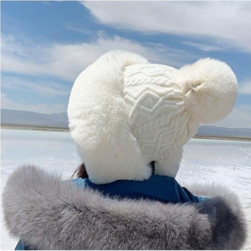 Winter Pompom Beanie Hats for Women Fluffy Knit Skull Cap Womens Faux Fur Crochet Warm Bucket Outdoor Ear Cover - color: White