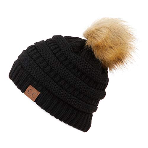 C.C Fur Pom Winter Fall Trendy Chunky Stretchy Cable Knit Beanie Hat - color: Solid Black