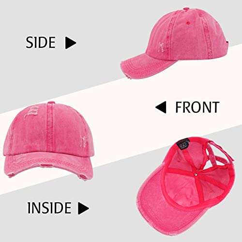 Criss Cross Ponytail Hat Women Washed Distressed Baseball Caps Adjustable High Messy Bun Ponycap - color: B - Denim Rose Red