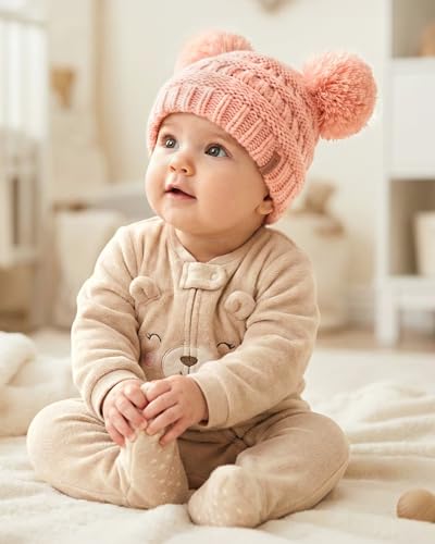 FURTALK Baby Winter Knitted Beanie Hat Soft Warm Pom Poms Toddler Skull Cap - color: Pink+white+grey, size: 0-12 Months
