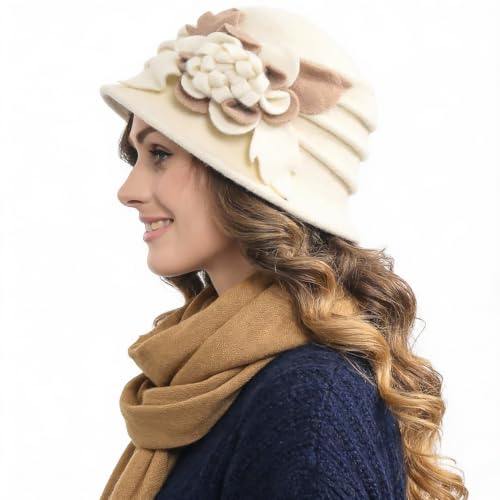 Vintage Women Floral Wool Dress Cloche Winter Hat 1920s - color: C020-cream