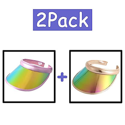 2 Pack Sun Visor Hats Women Men Clip-on Iridescent Clear Sport Outdoor Cap - color: 2pack, Gold Pink
