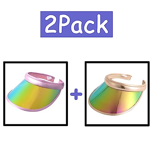 2 Pack Sun Visor Hats Women Men Clip-on Iridescent Clear Sport Outdoor Cap - color: 2pack, Gold Pink