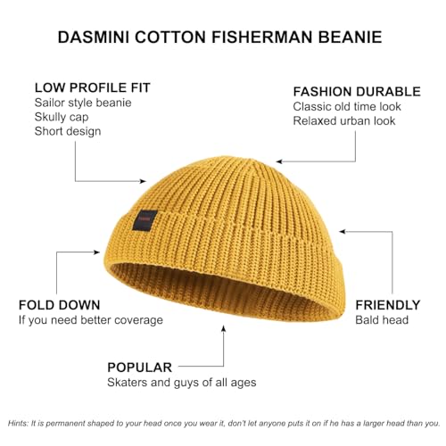 Fisherman Beanie Hats for Men Women,Knit Trawler Skull Cap,Watch Cap,Spring Fall Winter Warm Short Hats - color: (Cotton)-mustard-m