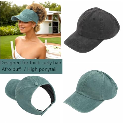 2 Pack Backless Cap for Women Natural Curly Hair Hat Baseball Cap Afro Puff Ponytail Hat - color: Black＆gr
